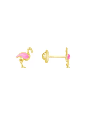 Kid Pink Flamingo Stud Earrings 14K