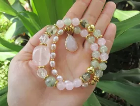 Rose Quartz, Prehnite, Freshwater Pearl - Love, Fertility, Protection Mala Bracelet