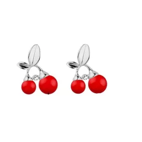 Silver Leaves & Red Cherry Stud Earrings